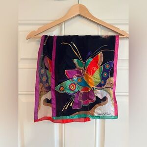 Vintage Laurel Burch 100% Silk Scarf Multicolor Butterfly Long Designer Wrap